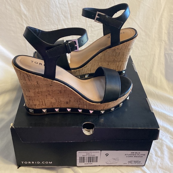 NEW Torrid Black Studded Platform Cork Wedge, 9 (4W) extra wide width - Picture 3 of 8